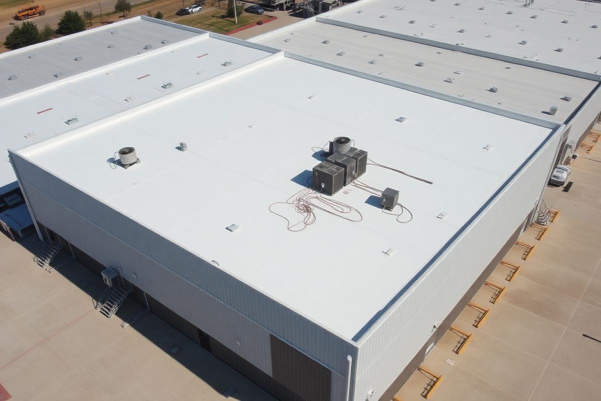 Aerial view of large commercial flat TPO roof