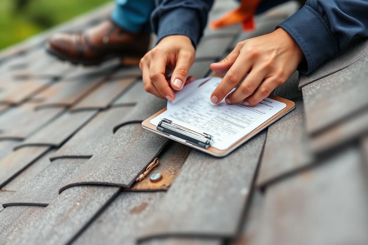 Roofer documenting shingle damage on a clipboard for an insurance claim