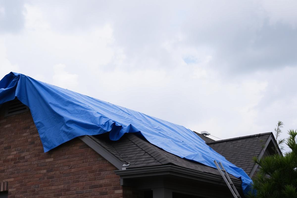 Emergency blue tarp installed over storm-damaged roof